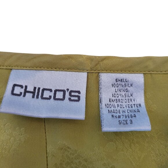 Chicos 3 Green Black Silk Embroidered Open‎ Front Jacket XL 16 Whimsy Artsy - Picture 2 of 5